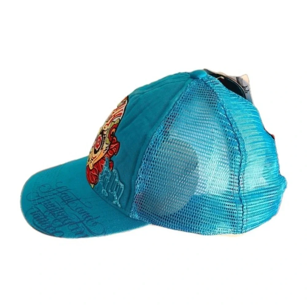 Hart & Huntington Cap Skull Rose Turquoise Blue Snapback Trucker Hat vintage
